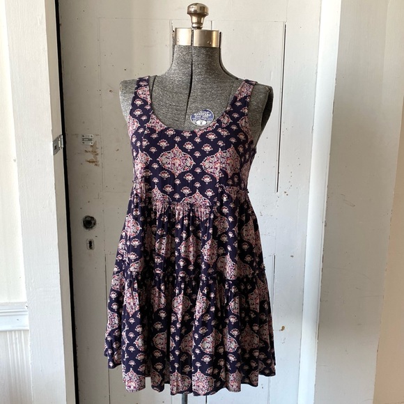 American Eagle Outfitters Boho Hippie Print Tiered Baby Doll Mini Dress Top - Picture 7 of 14